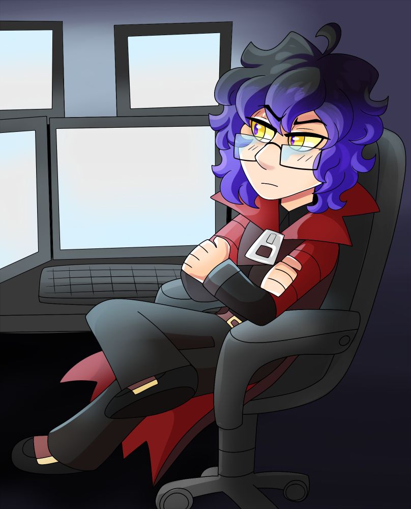 Tony, a male humanoid, sits in a computer chair leaning back and looking irritated and contemplative. He has black to purple gradianted short hair and is wearing a red large collared cape and a sleek, refined outfit underneath it. He's sitting in front of a computer set up with many moniters known as The Master Computer.