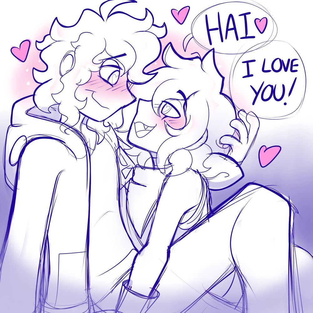 Kells flops on their boyfriend Crom, leaning up towards him with hearts in their eyes! He's craddling their head and looking down into their eyes with heart eyes as well! Kells is saying "Hai! I love you!" and there are hearts all around them both as they both lightly blush!! THEY'RE SO IN LOVE!!