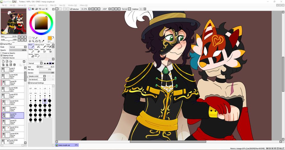 A WIP screenshot of my SAI with a piece I'm working on of Crom and Kells at the Masquerade! They are both dressed in formal wear with masks! Crom's outfit is an ornate formal wear with gold accents, as is his mask! Kells's outfit is the Helena dress from My Chemical Romance's Helena music video. Their mask is a full fox mask that is red, gold, black and white! Crom is offering his arm for a dance, while Kells grasps upon it!