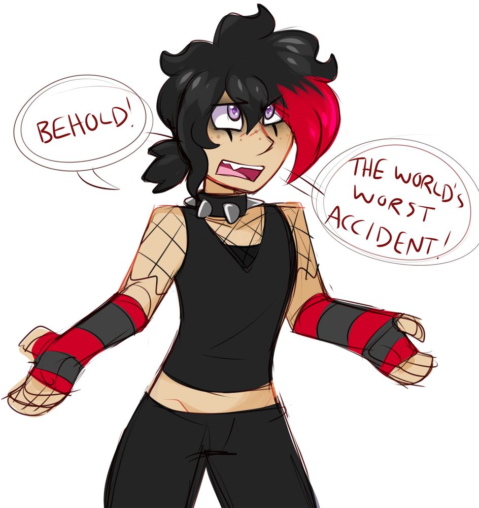 Kells, one of the main protagonists of our Digimon webcomic Data and Downloads, as they were at 18 years old! They have short hair tied back into a "warrior's wolf tail" small ponytail and red bangs. They're wearing heavy dark eyemakeup, a black spiked collar, a black tank top with a fishnet shirt underneath, a chest binder, black and red striped arm socks and black loose pants. They're dramatically posing, looking irritated and angsty while saying "Behold! The world's worst accident!" about themself (a lyric from Dresdon Dolls' song "Girl Anachronism"). As a fun fact, this would be after they came out as non-binary and their cousin started helping them figure out their gender presentation! Yay! And right before the absolute horrors :)