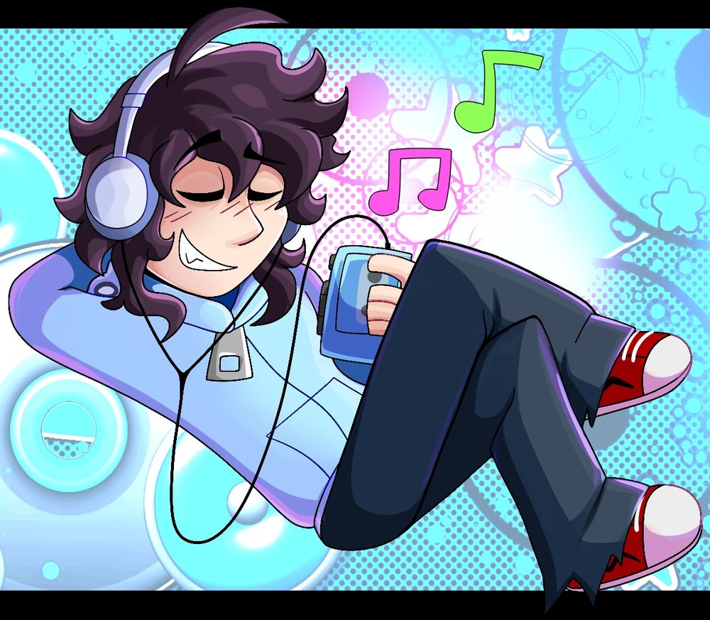 Crom, Ectogeist's oc, kicks back while listening to music! He is holding a sky blue walkman cassette player and is using big white and blue headphones. He has black hair, wears a sky blue hoodie, jeans, and red sneakers. Behind him is a Frutiger Metro image I got off of Google! His eyes are closed and he looks like he's having a good time!
