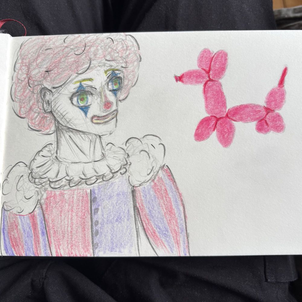 Drawing of a white face clown  with blue and red makeup. The clown is wearing a medival jester themed clothes. There is a pink ballon animal dog on the right.
