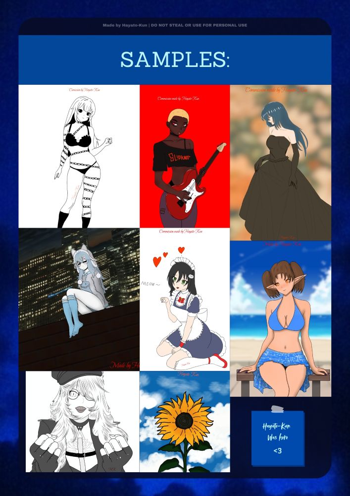 A digital art commission sample sheet by Hayato-Kun featuring seven anime-style illustrations arranged in a personalized grid. The artworks include various characters in different poses and outfits—ranging from black-and-white sketches to full-color scenes. The styles vary from modern, fantasy, and beach themes, including characters with cat ears, elf ears, and maid outfits. A note at the top says "DO NOT STEAL OR USE FOR PERSONAL USE." And other aesthetic note saying: "Hayato-Kun was here" with a heart in the end.
