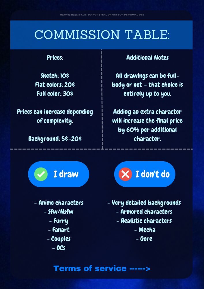 A digital pricing table for art commissions titled “COMMISSION TABLE” by Hayato-Kun. On the left are prices: $10 for sketches, $20 for flat colors, and $30 for full color, with extra charges for complexity or backgrounds ($5–$20). On the right are additional notes, including that full-body drawings are optional and extra characters cost 60% more each. At the bottom, icons indicate what the artist draws (anime, SFW/NSFW, furry, fanart, couples, OCs) and what they don't draw (detailed backgrounds, armored/realistic characters, mecha, gore).