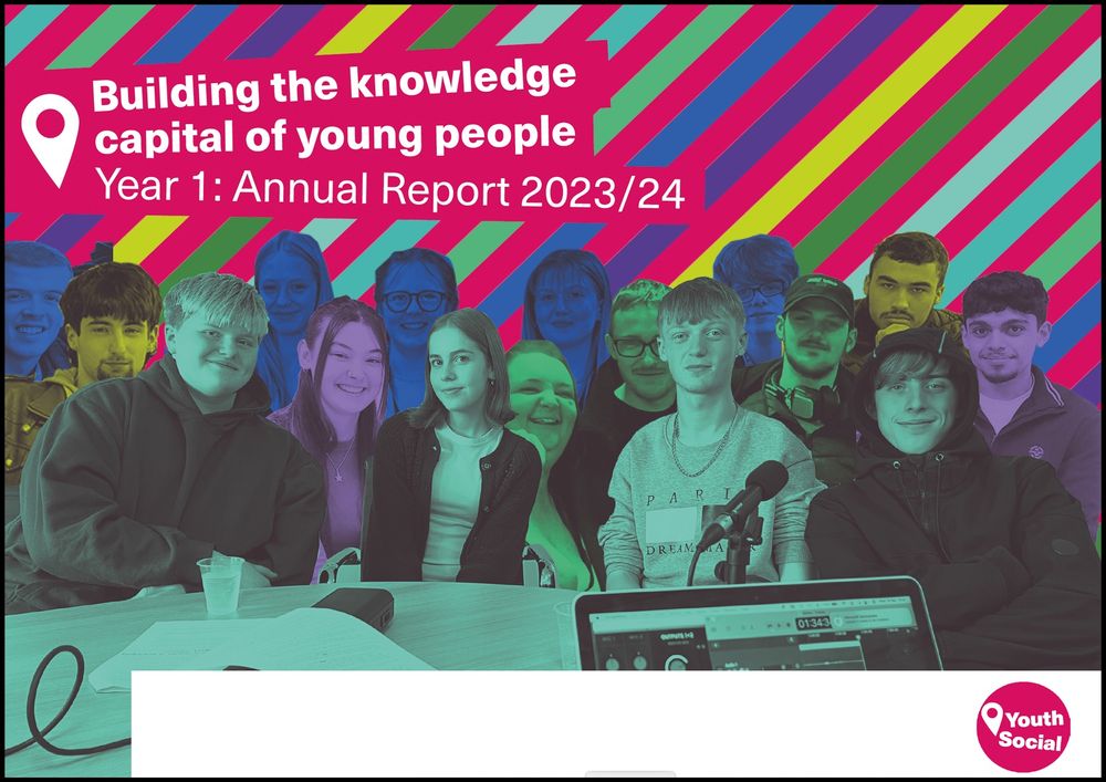 This is the cover of the Youth Social Annual Report 2023/24. It features images of young people against a multi-coloured diagonally striped background. 