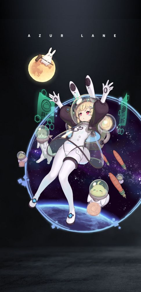 Eldritch from Azur Lane in a Moon Bunny Astronaut outfit floating in space and demanding hugs. Moon bunny on the moon, and a cat in a helmet joins her. Oh and a manjuu too, whatever.