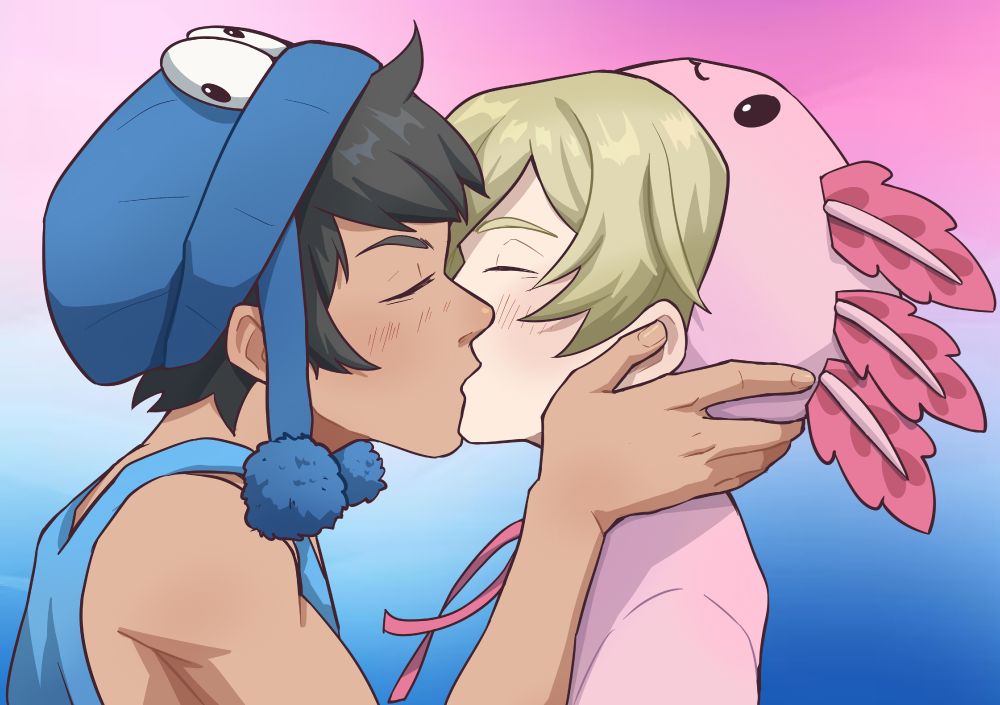 Josh and Axel gently kissing each other