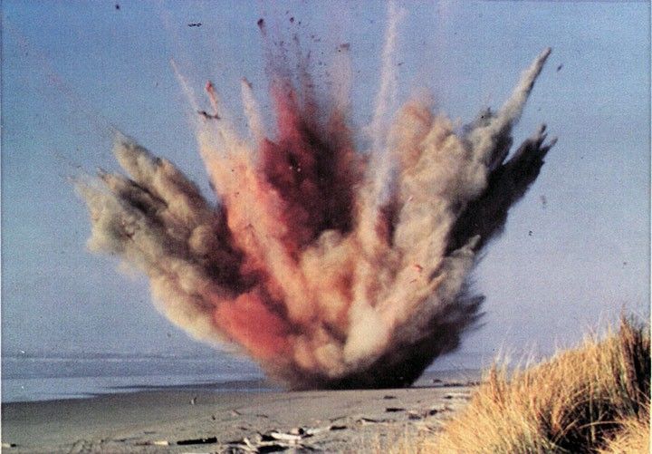 A photo of the beach of Florence, Oregon. Dominating the frame is a comically large explosion, which is the immediate aftermath of a washed up whale carcass that was blown up with dynamite. The explosion is complete with smoke, debris, and the red mist of the whale carcass, all of which reach high up into the blue sky.