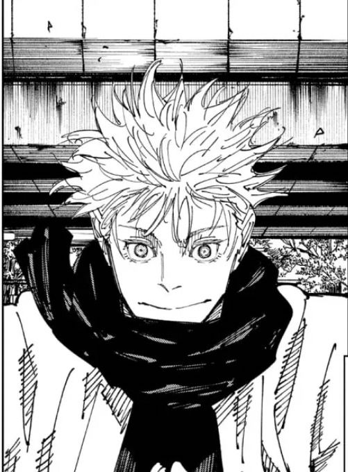 A screenshot of gojo from jjk volume 26. He is smiling with a scarf and haori on.