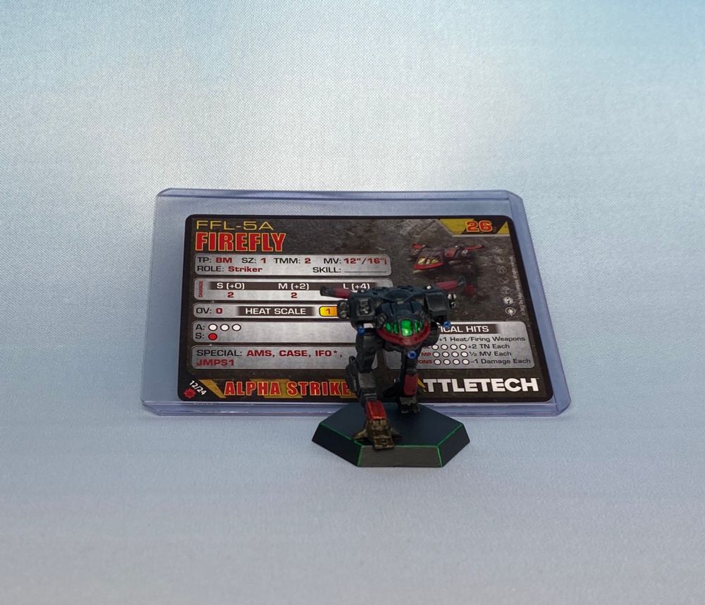 Firefly battlemech painted black and red.