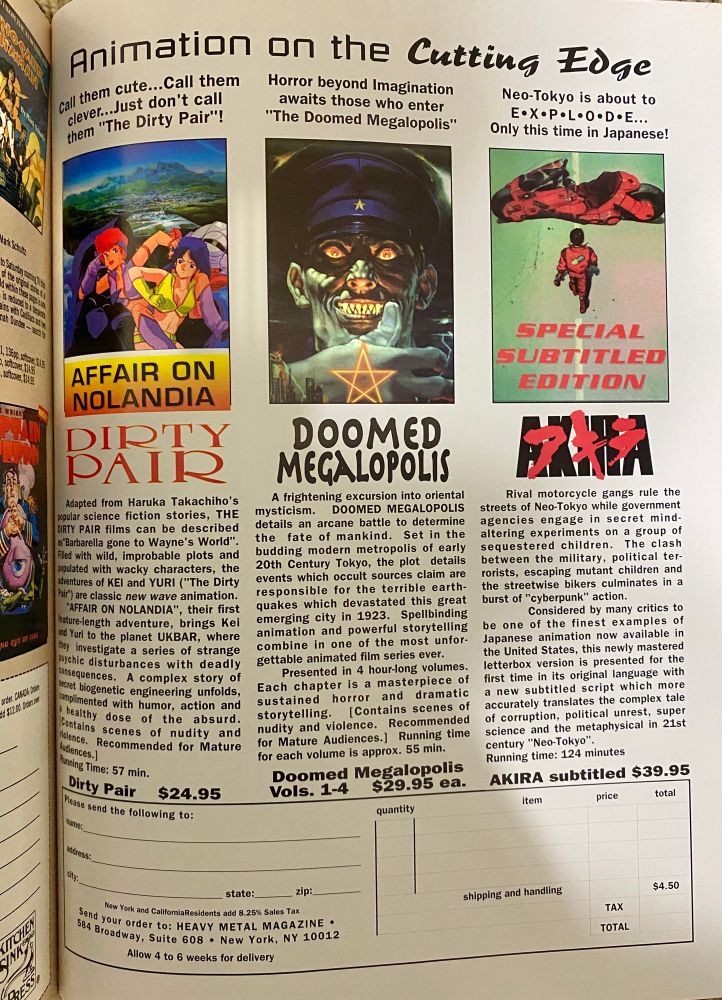 Dirty Pair, Doomed Megalopolis, and Akira ordering information 