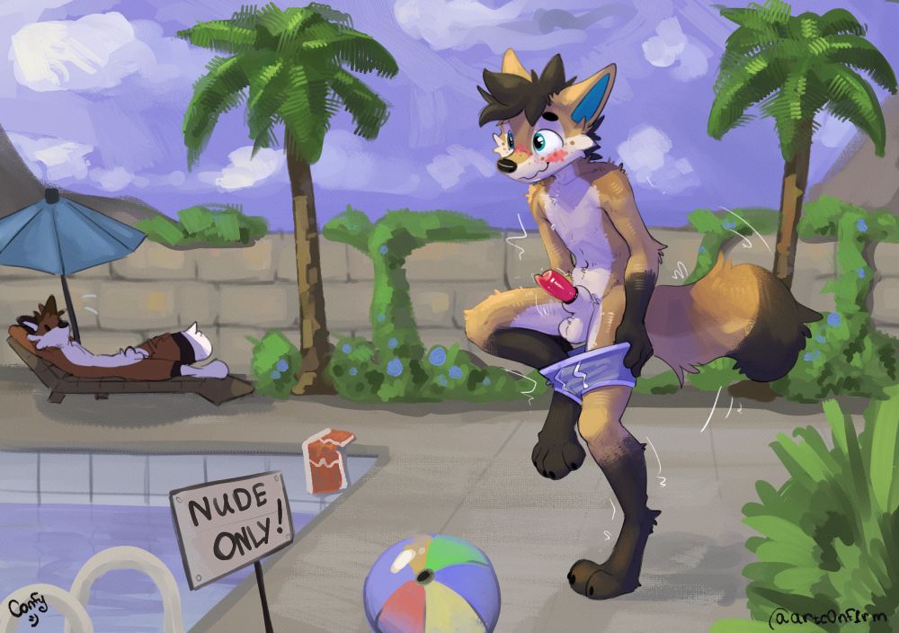 anthropomorphic folf (maned-wolf, arctic-fox hybrid) is blushing as he removes his swim trunks. The pool in front of him is labeled “nude only” and another fox can be seen in the background lounging with his un-erect penis sheathed. 