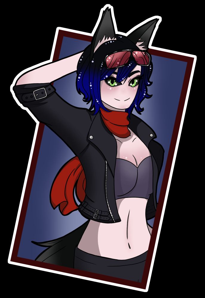 A cartoon drawing of a feminine character.  They have black to blue shoulder length hair and dark-black wolf ears.  They are wearing red goggles on their head and have vibrant green eyes with black sclera.  They're wearing a red scarf around their neck and a cropped tube top in a slightly purple Grey colour.  They are wearing a cropped leather jacket with sleeves rolled up and dark pants.  A dark grey-black wolf tail is just visible.  They are posed with one arm behind their head and the other is on their hip but is cropped out of frame.  The background is blue-grey and has a light highlight behind the character and there is a deep red frame.