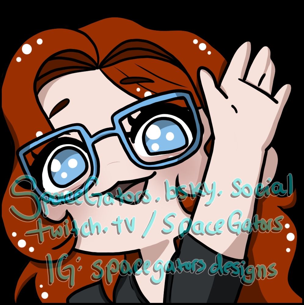And emote of a girl with red hair and blue framed glasses waving.  She has blue eyes and is wearing a black shirt 