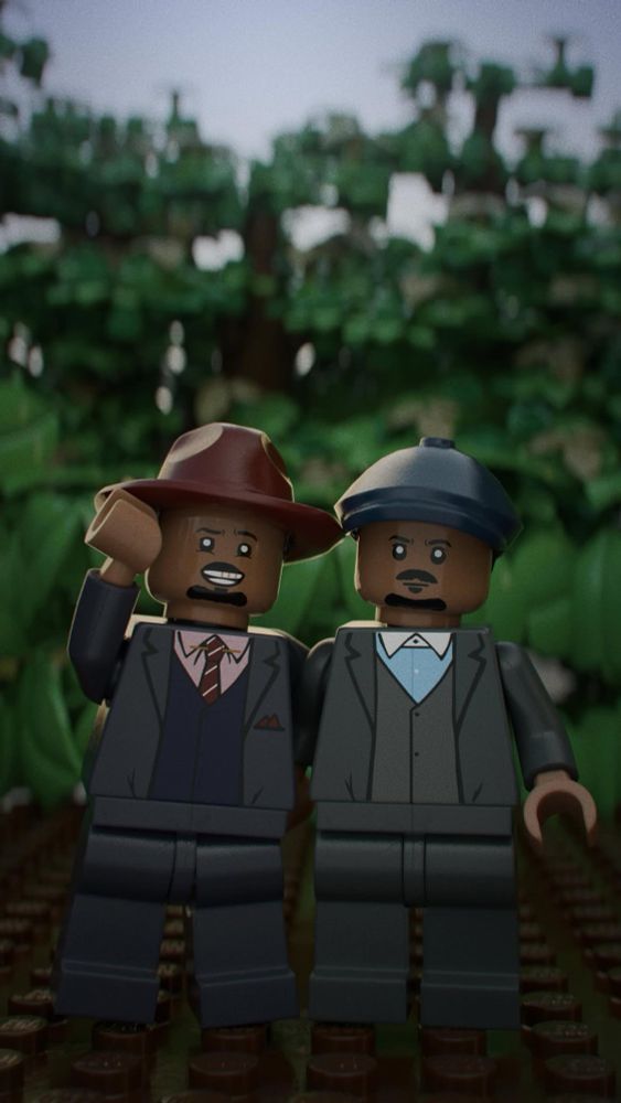 A wallpaper image of Smoke and Stack from “Sinners” rendered as Lego figures made by Trevor Carlee