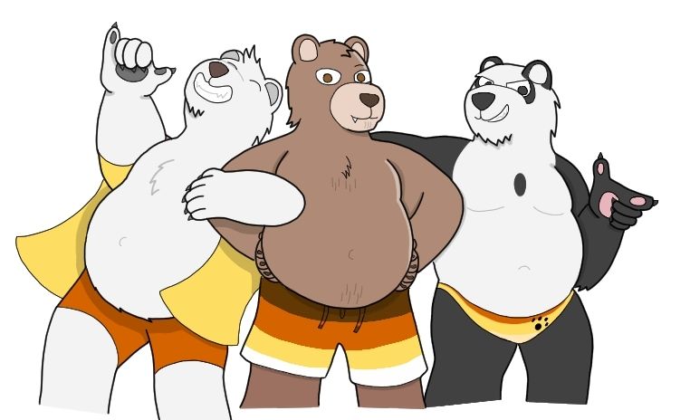 An illustration of three anthropomorphic bears; a polar bear in a yellow shirt and orange boxers, a grizzly bear in bear pride shorts, and a panda with a bear pride speedo.
