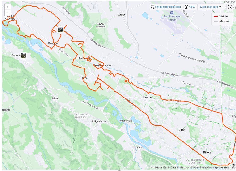 Carte de ma 666ème sortie enregistré. Un aller retour suivant la plaine du gave de Pau. Comme j'ai fait du mini tuilage, on voit que la trace n'est pas "linéaire" il y a pas mal de petites boucles et autres déviations courtes de la route principale