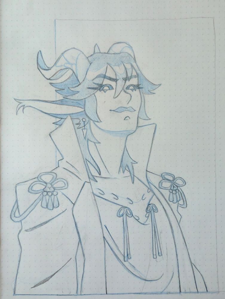 A bust sketch of a teifling looking down at the viewer. He has shoulder length shaggy hair, two horns that curl back and upwards, and long furry ears. 