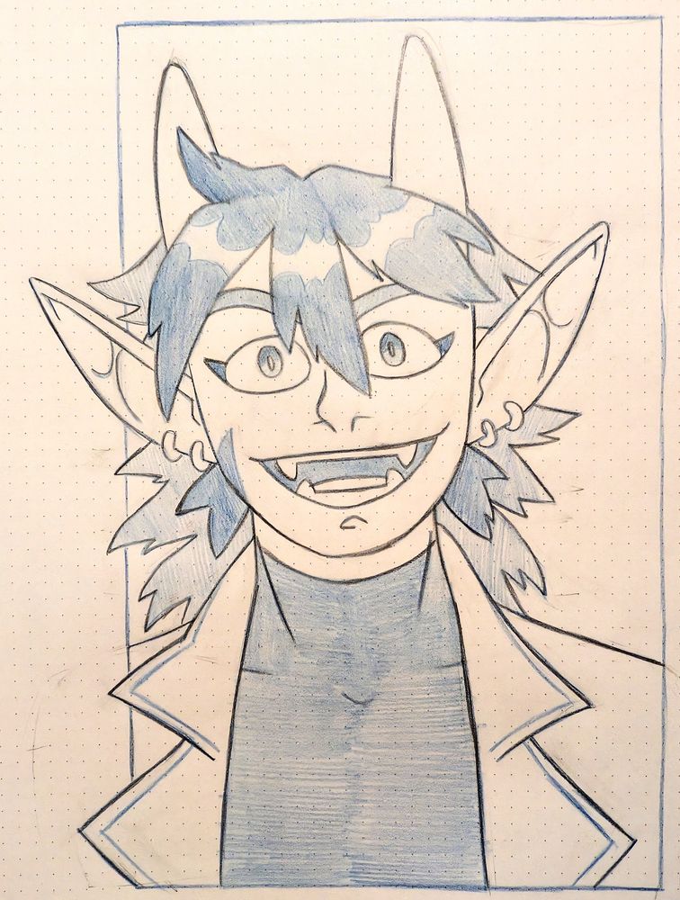 A bust of a demon guy named Stephen. He has long, blue hair that goes down to his neck. He has two horns that grow straight out of his head. He has a triangle shaped scar on his right cheek. He is wearing a jacket and a high collared shirt. His long, pointed ears have two earrings each. He is looking at the viewer in an excited, almost mischievous way with a big, toothy grin on his face.