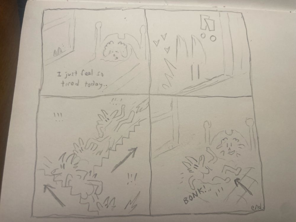 4 panel comic, sheep Rodeo blanket over head “i just feel so tired today,” coyote Mae peaks through window and scampers up stairs to bonk onto bed at Rodeos feet  