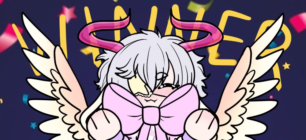 A character drawn with a giant pink bow around his neck, he has fluffy white hair, a yellow star eye patch, and peach colored angel wings, the text behind him reads "WINNER"