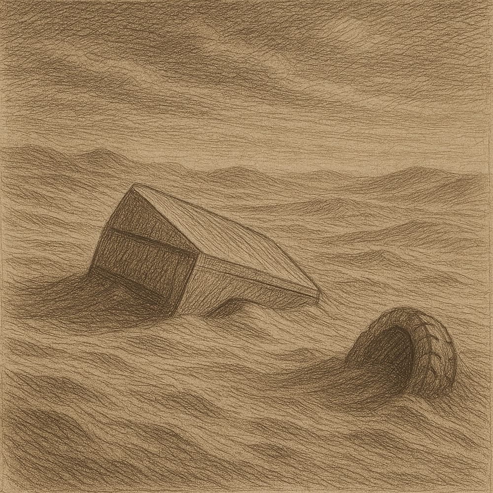 A drawing of a wrecked cyber truck buried in sand