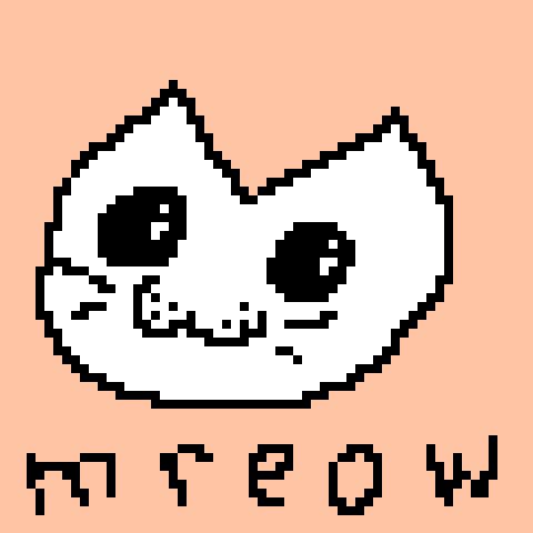Pixelart drawing of a cat, poorly written text reading "mreow", very light orange background