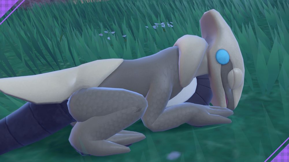 A screenshot of a shiny Cyclizar sleeping in the grass.