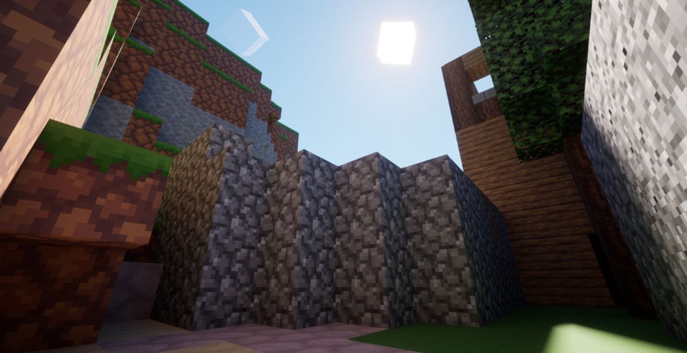 Block game with a voxel moon, sun and a house on earth