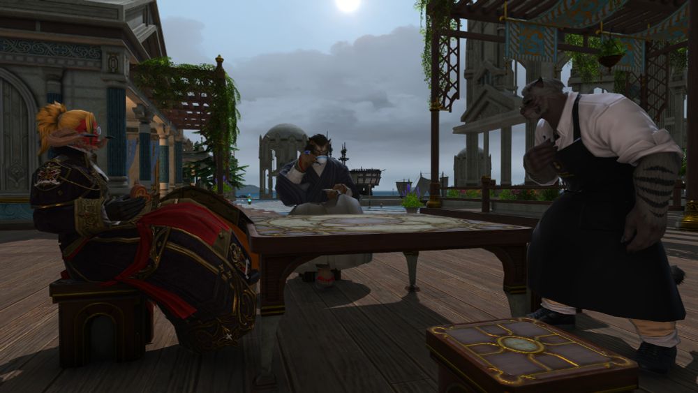 An unfortunate time delay caused both the choccy treat and the tea to arrive later than expected. The apron'd Hrothgar apologises humbly, and wishes his guests an enjoyable stay regardless.