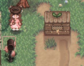 modded brown shipping bin for stardew valley looking like a beehive, with a sprout on top. there's honey dripping out of it and some cute small bees zooming around it.