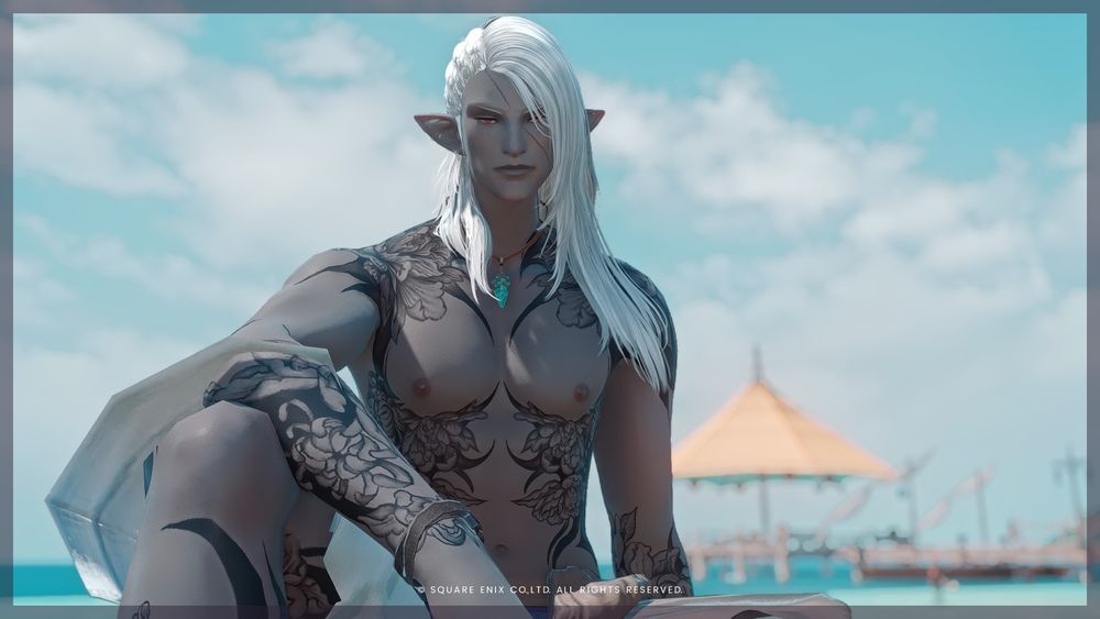 My FFXIV character, a male elezen, sitting at the beach waiting for reset day to start