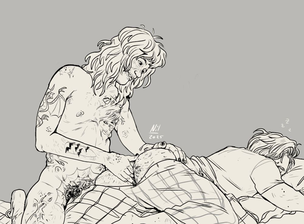 NSFW. Digital drawing in black and white. A long haired, tattooed and scarred man is fingering another man; This one sleeping in his PJs, bottoms pulled down.