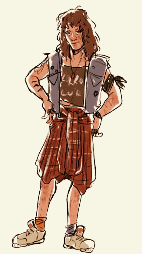 Eddie Munson in a red skirt, made out of a plaid shirt.