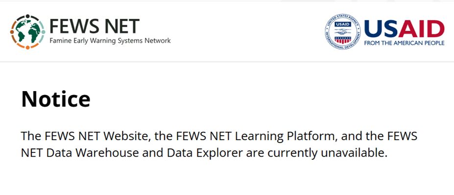 Shows a screenshot from the website of the Famine Early Warning Systems Network (FEWS NET) stating that the data are currently unavailable. 