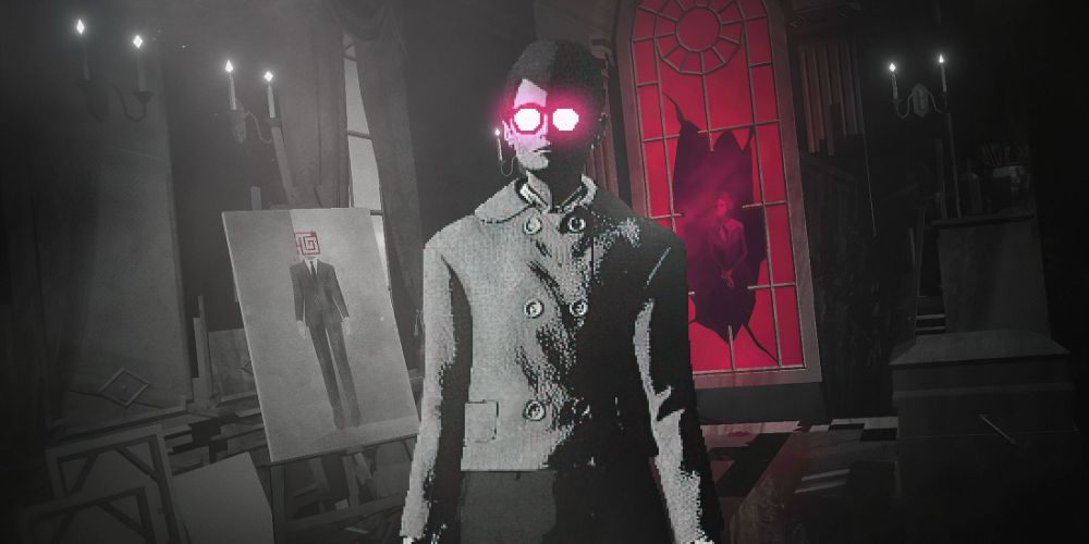 A screenshot from Lorelei and the Laser Eyes. The protagonist stands centre frame with a red glow in her glasses. To her left is a portrait of a suited person with a maze face. To her right is a shattered red window with a ghostly woman floating outside