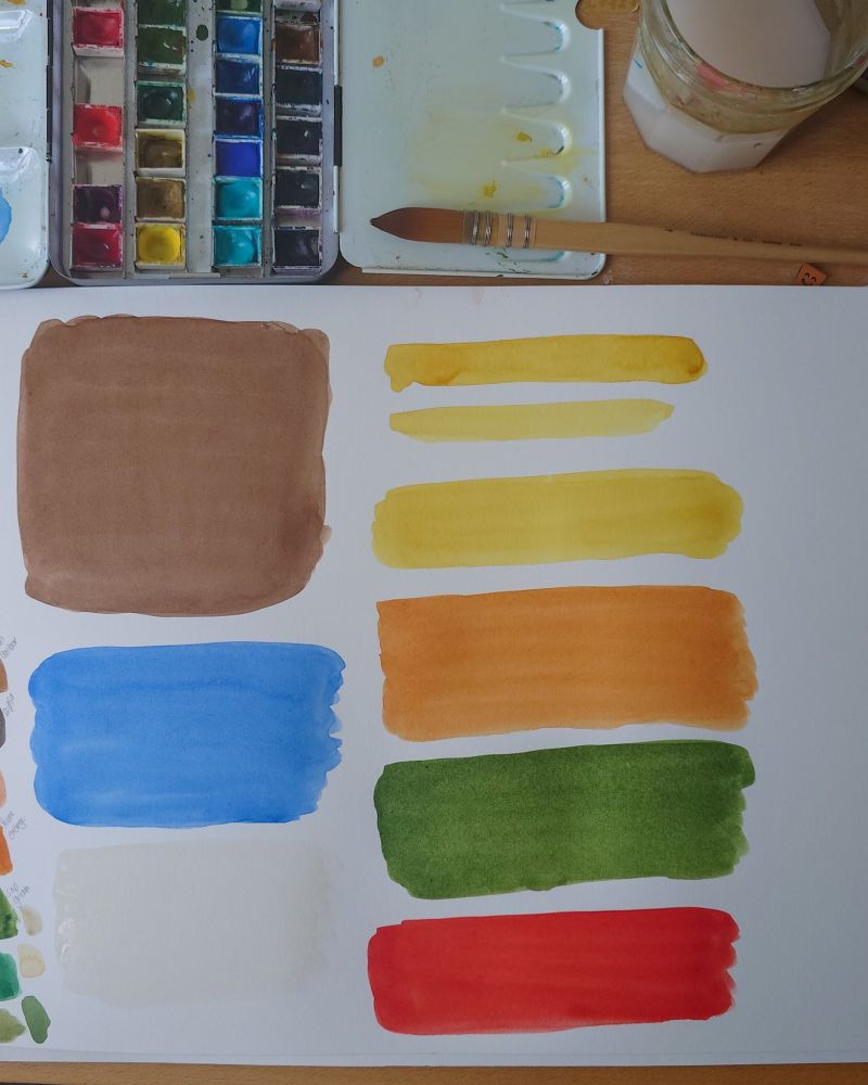 A set of watercolours, a mop brush, a jar of water and a large sheet of paper on a desk seen from overhead. The paper shows nine large paint swatches in red, green, orange, yellow, off white, blue and brown. 