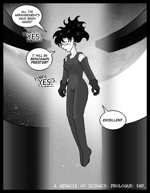 A monochrome picture of a woman with dark hair wearing a skintight outfit asking questions while floating in a column of light, and being answered by a voice of many overlapping voices