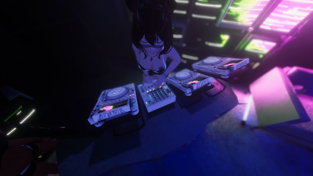 Treesleeper djing in front of a wall of TVs showing pink and green static at ANIMA. Photo by Yuna~
