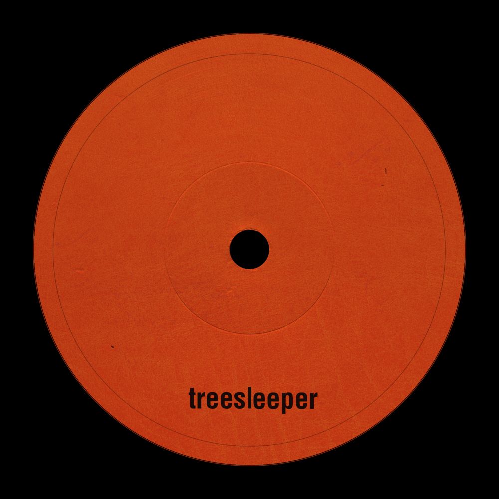 CD cover/LP sticker art for KO'd by Treesleeper.  A simple orange circle textured with leather with the text 'treesleeper' in black lowercase font.