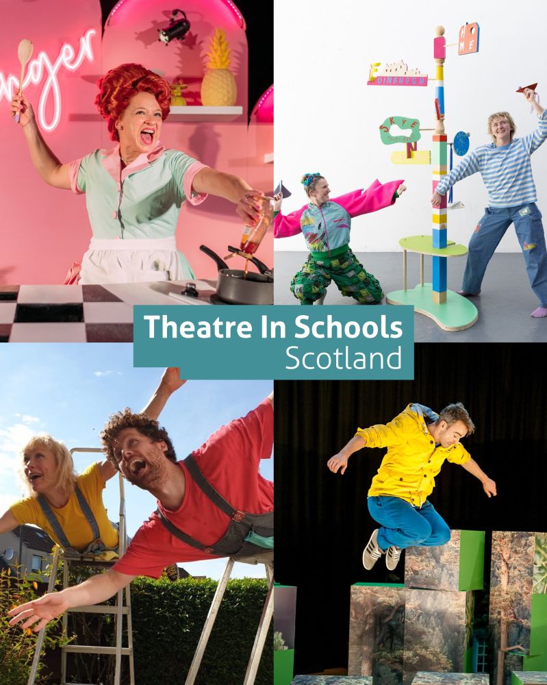 An image of the four productions in a square format with the Theatre in Schools Scotland in the middle. Top left, Ginger, an image of a performer holding a wooden spoon with a ginger hair. Top right, Image of two performers in front of a fun signpost in colourful clothing. Bottom left, image of two performers laying on ladders in dungarees. Bottom right, Image of a performers jumping in a yellow raincoat and blue trousers.