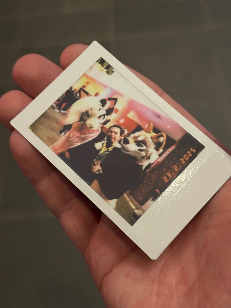 instax printout with one human and two fursuiters