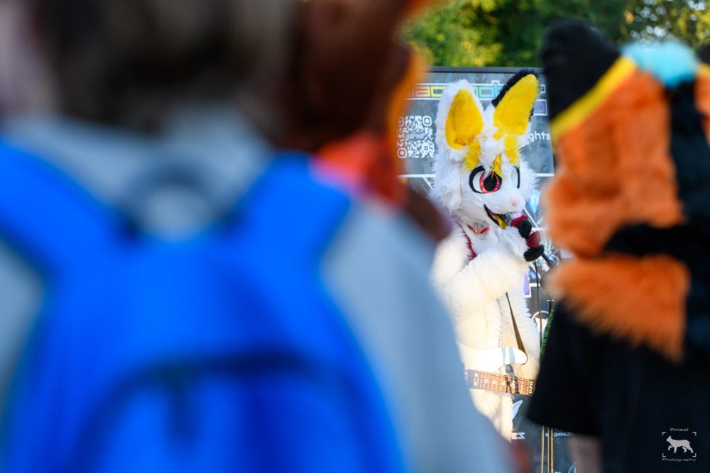 Fons the bunny fursuiter holding a microphone in a crowd