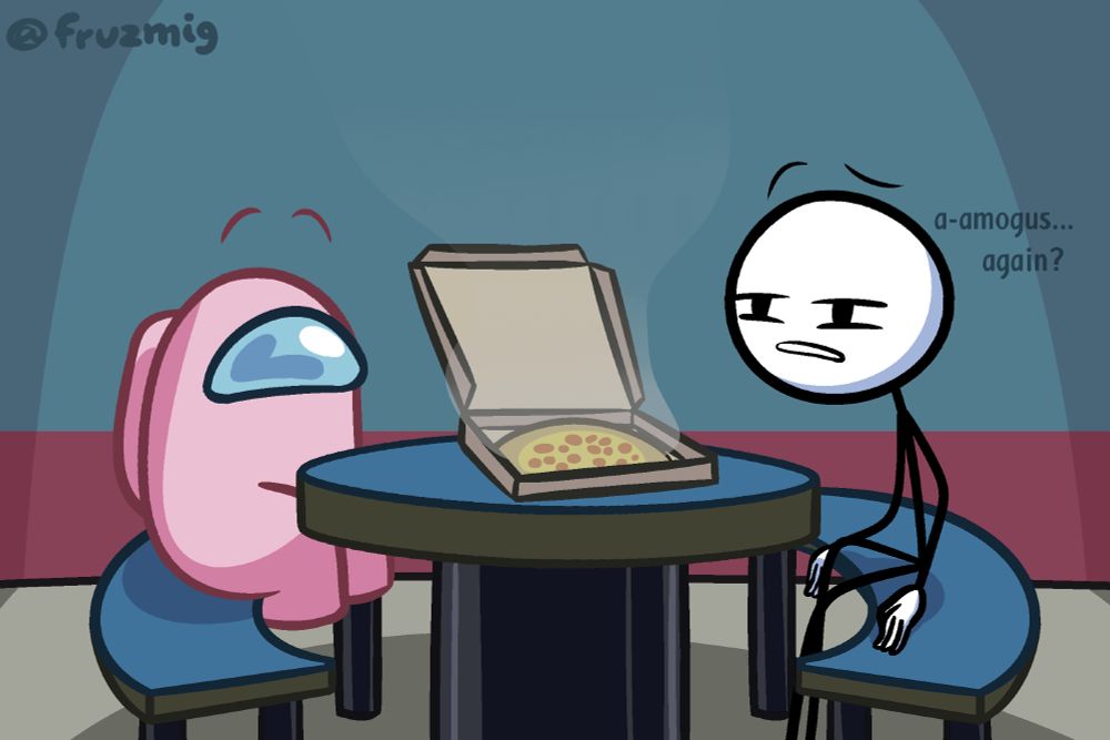 Rose crewmate(?) from Among Us having pizza with Henry Stickmin, who is confused by the situation.