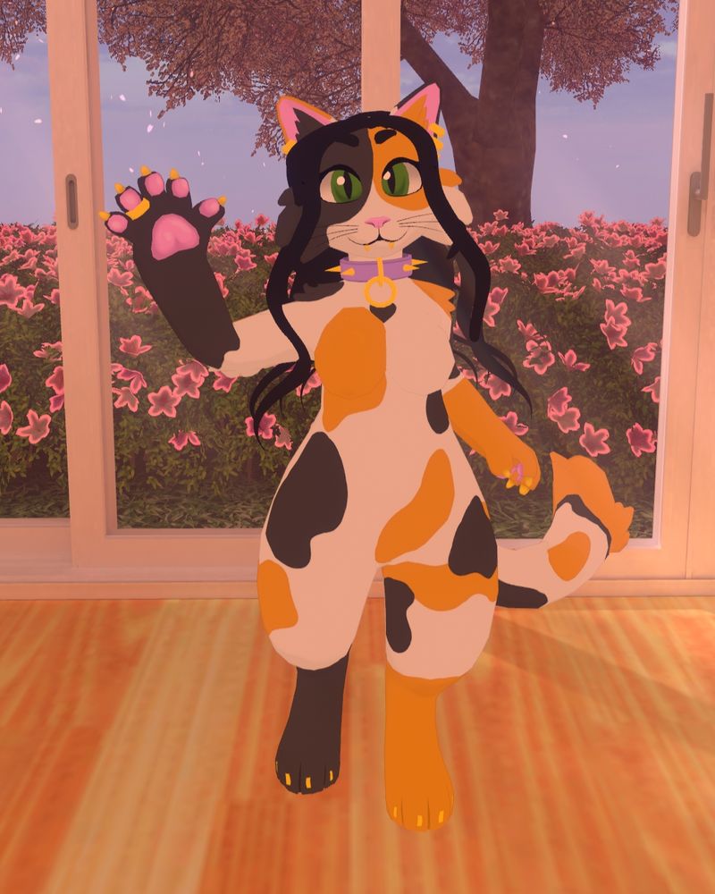 Letoshta the Demon Feline, 3D VRChat model of a calico feline with black hair. She has a purple collar with gold spikes, and two gold rings and earrings. She is waving at you and smiling!