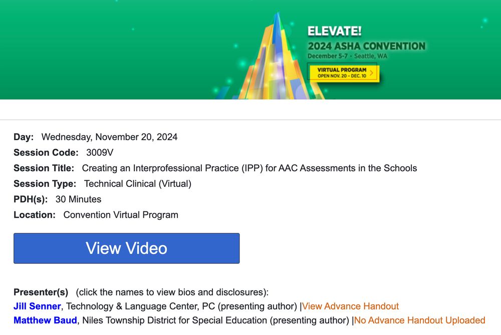 Elevate!  ASHA 2024 Convention website, Session entitled Creating an Interprofessional Practice for AAC Assessments in the schools