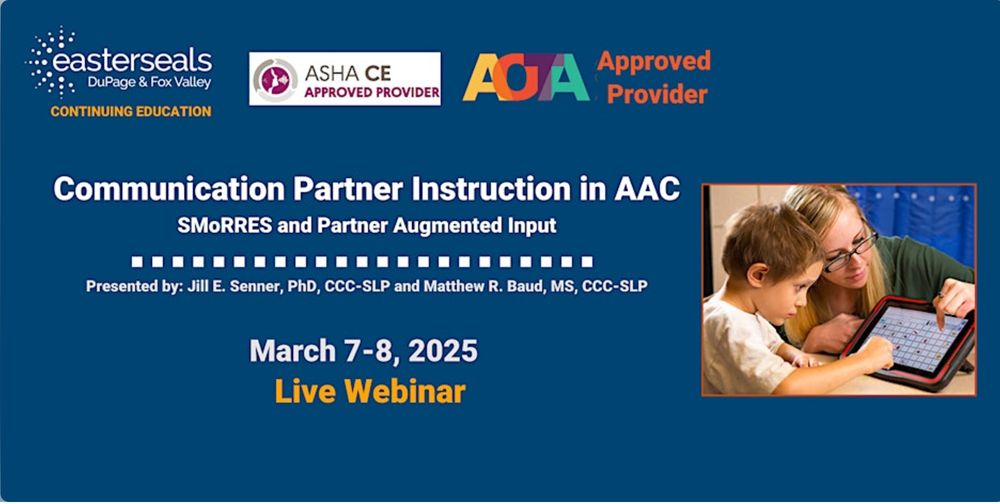 White print on blue background reading "Communication Partner Instruction in AAC: SMoRRES and Partner-Augmented Input, March 7-8, Live Webinar" next to photo of a therapist pointing to an icon on a child's speech-generating device.