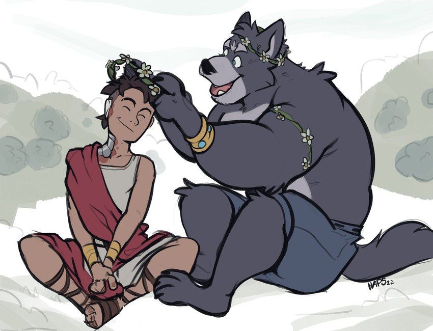 Marco and Amicus from the furry visual-novel "Adastra."

Marco is sitting in a red toga and Amicus is wearing a flower crown and blue shorts. Amicus is placing a flower crown on Marco's head and both are smiling happily.