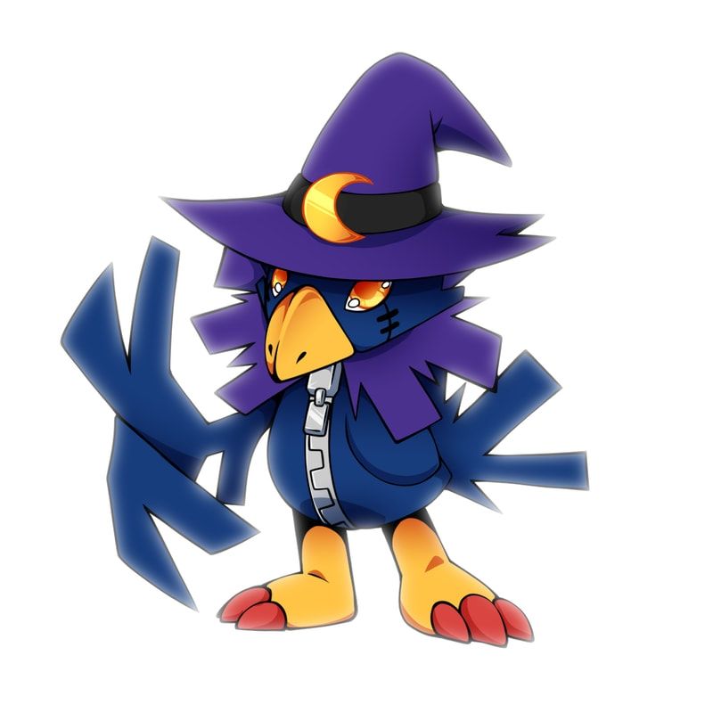 A blue/purple crow like puppet with a wizard hat.