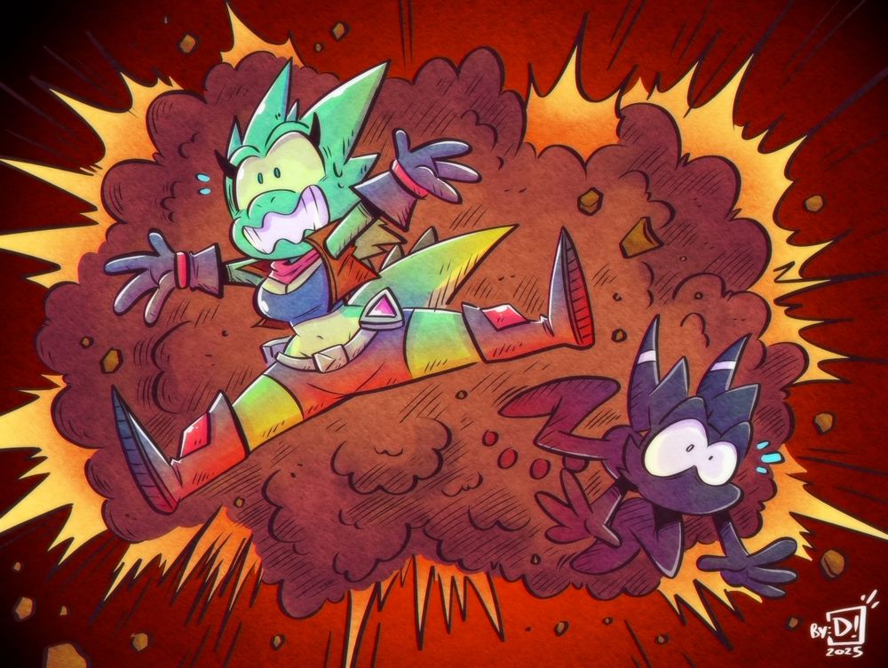 Octavia and Retro running away from a big explosion behind them! 